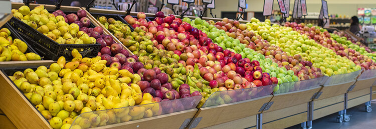 Mixed summer fruits at the grocery stands. High quality photo