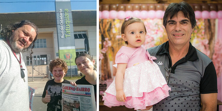 Foto 1: Elencar Antonio, editor chefe e fundador do Jornal Caderno do Bairro, ao lado de seu filho Arthur e da esposa e jornalista Juliana Hemili. 
Foto 2: João Carlos de Souza, co-fundador do Jornal Caderno do Bairro (Campo de Santana) com sua neta Helena.