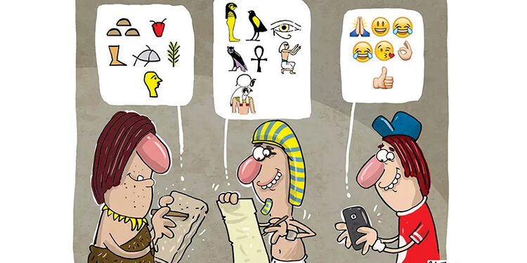 Charge premiada de Luiz Fernando Cazo compara
os avanços das primeiras civilizações com emojis.
Premiado no 47º Salão Internacional do Humor 
De Piracicaba - SP