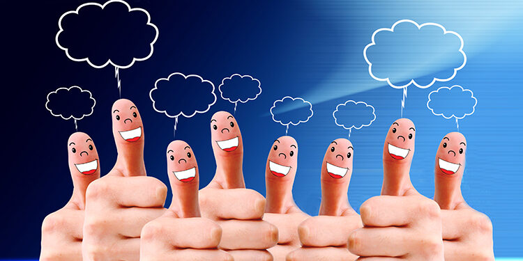 group of finger faces with social chat sign and speech bubbles