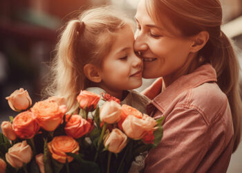 Little girl holding flowers, hugging her mother and celebrating mother's day.