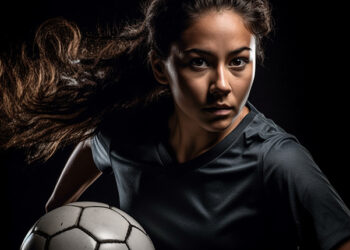 Young woman athlete playing soccer with confidence and determination generated by artificial intelligence