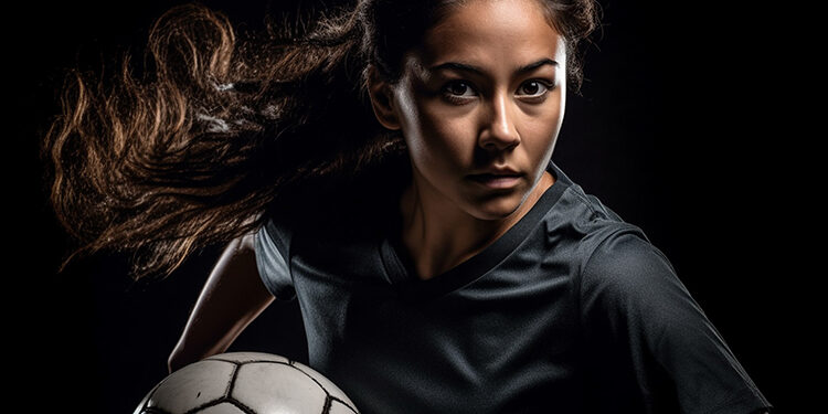 Young woman athlete playing soccer with confidence and determination generated by artificial intelligence