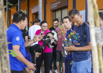 Distribuição gratuita de mudas de árvores em todas as regionais de Curitiba. A ação na Regional Boqueirão, teve a participação da Família Folhas, que animou a visita dos estudantes do 3º ano da Escola Municipal Nivaldo Braga. Curitiba, 21/09/2023. Foto: Hully Paiva/SMCS