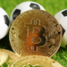 Gold bitcoin with soccer ball or football, cryptocurrency used in online sports betting.