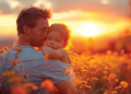 A man gently holds a little girl in a vibrant field of colorful flowers under the bright sun.