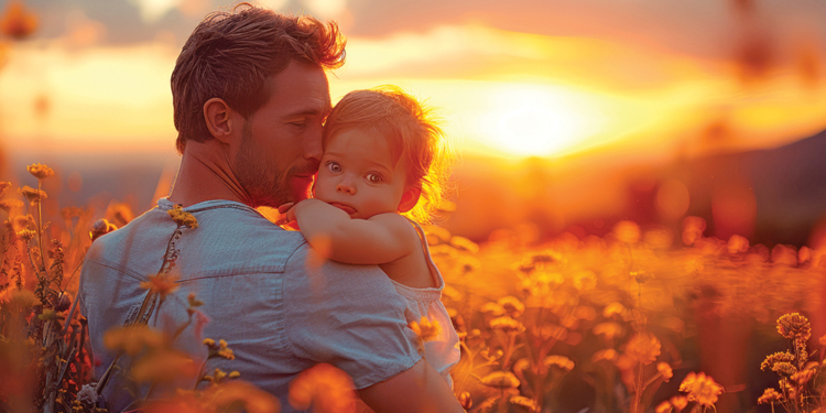 A man gently holds a little girl in a vibrant field of colorful flowers under the bright sun.