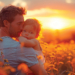 A man gently holds a little girl in a vibrant field of colorful flowers under the bright sun.