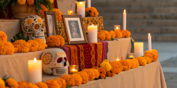 Altar colorido do Dia de los Muertos no México com flores cempasúchil e velas.