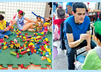 Crianças brincando no tobogã e famílias recebendo serviços gratuitos na Ação Social Alegria em Família, no Tatuquara.