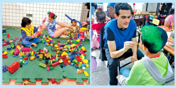 Crianças brincando no tobogã e famílias recebendo serviços gratuitos na Ação Social Alegria em Família, no Tatuquara.
