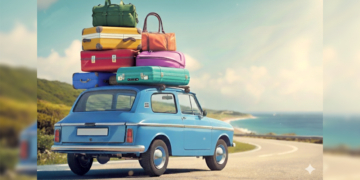 Família viajando de carro em estrada movimentada durante o feriado de final de ano.