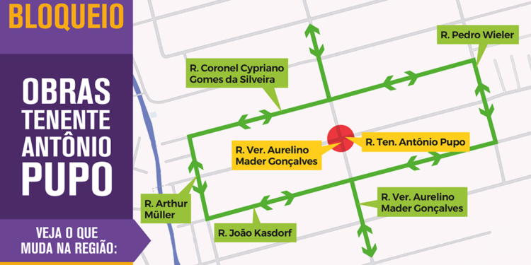 mapa de bloqueio da rua tenente antonio pupo, no Xaxim