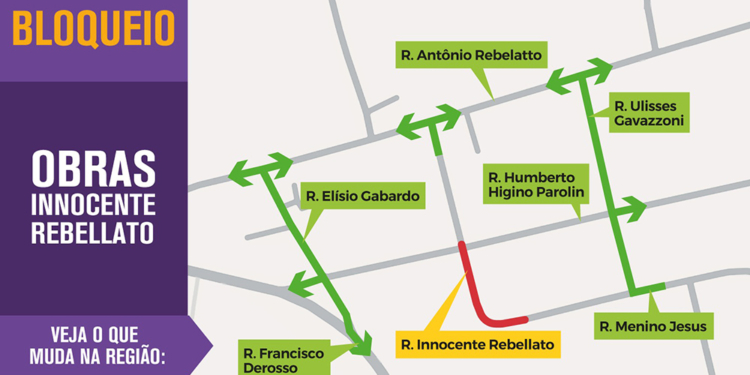 Mapa da Prefeitura de Curitiba mostrando o bloqueio total na Rua Innocente Rebellato, no Xaxim, e as rotas alternativas para o trânsito durante as obras.