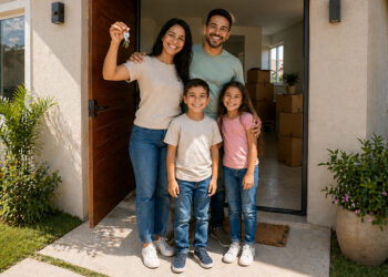 Família com chaves na mão em frente à porta da nova casa própria financiada pelo Minha Casa Minha Vida