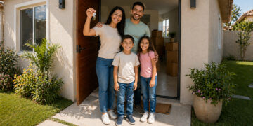 Família com chaves na mão em frente à porta da nova casa própria financiada pelo Minha Casa Minha Vida