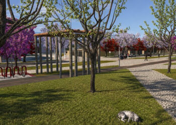 Imagem do projeto do futuro parque linear do Bairro Novo da Caximba com áreas verdes, ciclovia e espaços de convivência.