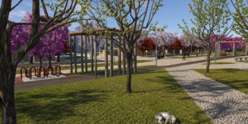 Imagem do projeto do futuro parque linear do Bairro Novo da Caximba com áreas verdes, ciclovia e espaços de convivência.