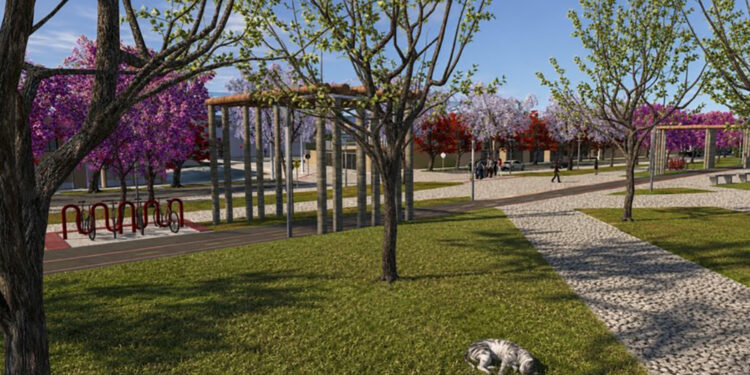 Imagem do projeto do futuro parque linear do Bairro Novo da Caximba com áreas verdes, ciclovia e espaços de convivência.