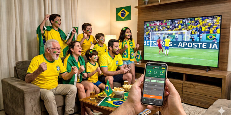 Pessoa segurando um smartphone na sala de casa exibindo gráficos e propagandas de apostas esportivas de futebol na tela.