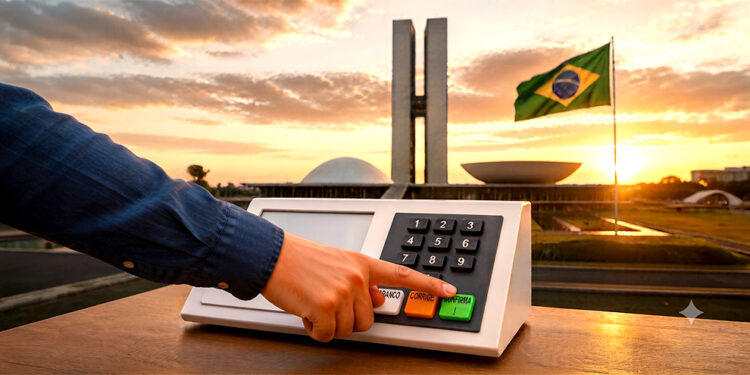 Eleitor votando na urna eletrônica com o Congresso Nacional em Brasília ao fundo.