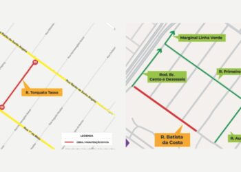 Mapas dos trechos em obras nas ruas Torquato Tasso e Batista da Costa, no Xaxim, com indicação de bloqueios e rotas alternativas.