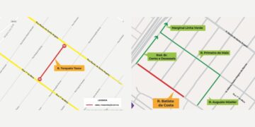 Mapas dos trechos em obras nas ruas Torquato Tasso e Batista da Costa, no Xaxim, com indicação de bloqueios e rotas alternativas.