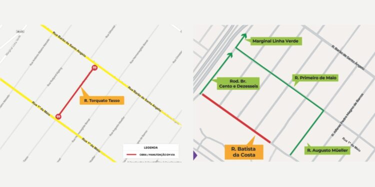 Mapas dos trechos em obras nas ruas Torquato Tasso e Batista da Costa, no Xaxim, com indicação de bloqueios e rotas alternativas.