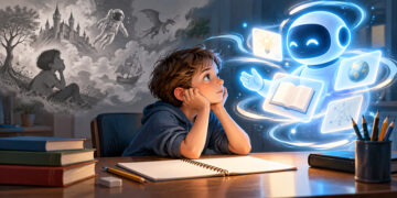 Ilustração de menino diante de um robô de inteligência artificial, com caderno aberto e cenas de imaginação ao fundo.