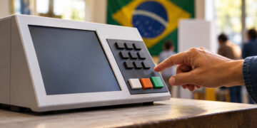 Ilustração de mão de eleitor diante de uma urna eletrônica, com a bandeira do Brasil ao fundo