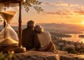 Ampulheta ao lado de um casal idoso que observa o pôr do sol.