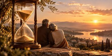 Ampulheta ao lado de um casal idoso que observa o pôr do sol.