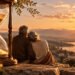 Ampulheta ao lado de um casal idoso que observa o pôr do sol.